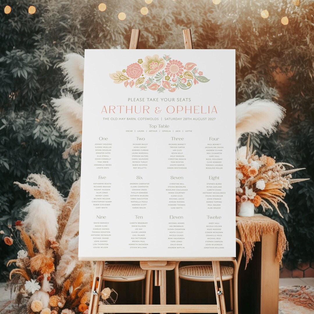 Colourful Floral Wedding Table Plan Peach Green Wedding Seating Chart
