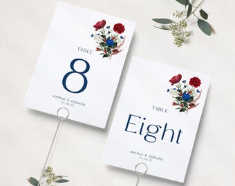 Wedding Table Numbers with Blue And Red Flowers | Wedding Table Names | Burgundy and Navy Wedding | Reception Table Numbers | Wedding Cards