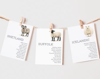 Sheep Wedding Table Plan Cards, Farm Wedding Seating Charts, Guest Table Cards, Animal Wedding
