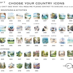 May include: A grid of watercolor illustrations depicting various activities and landscapes. The illustrations are numbered from 331 to 380. The illustrations include activities such as diving, skiing, climbing, walking, rowing, baseball, golf, tennis, cycling, kayaking, paddleboarding, surfing, sailing, cruising, and parks and countryside.