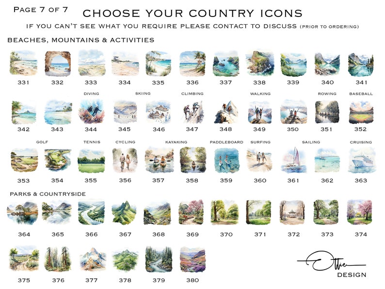 May include: A grid of watercolor illustrations depicting various activities and landscapes. The illustrations are numbered from 331 to 380. The illustrations include activities such as diving, skiing, climbing, walking, rowing, baseball, golf, tennis, cycling, kayaking, paddleboarding, surfing, sailing, cruising, and parks and countryside.