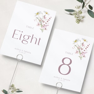 Zomer Wildflower tabelnummers | Roze bruiloft tabel naamkaartjes | Tabelnamen | Tabelnummers | Bloementafelkaarten | Lente zomer bruiloft