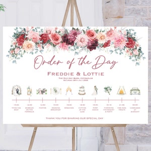Wedding Order Of The Day Red Pink Flower | Reception Sign | Wedding Timeline Sign | Wedding Signs | Wedding Welcome Sign | Printed