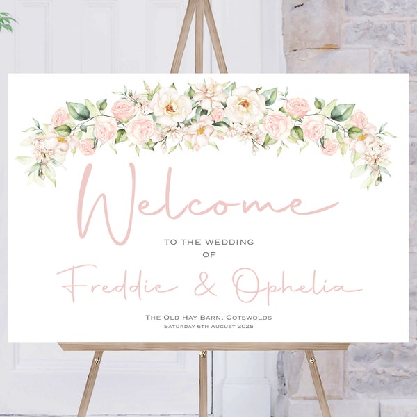 Pink Rose Wedding Welcome Sign, Personalised Wedding Welcome Sign, Welcome Sign Order of the Day, Pink White Floral Welcome Sign, Printed