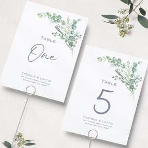 Numéros de table de mariage feuille verte | Réception de mariage floral vert | Noms de table | Numéros de table de réception | Cartes de visite | A5 et A6