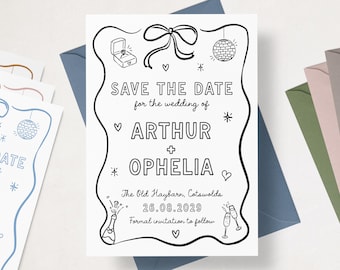 Tarjetas de invitación dibujadas a mano, tarjetas de invitación con garabatos, tarjetas de boda originales, tarjetas de invitación de boda estilo doodle.