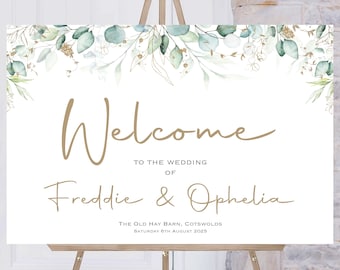 Green & Gold Leaf Wedding Welcome Sign, Personalised Wedding Welcome Sign, Welcome Sign Order of the Day, Green Eucalyptus Welcome Sign