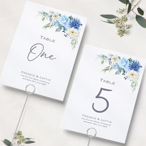 Hochzeit Tischnummern | Blaue und weiße Blumen-Hochzeit | Tischnamen | Empfang Tischnummern | Tischnamenkarten | A5 & A6 | Gedruckt