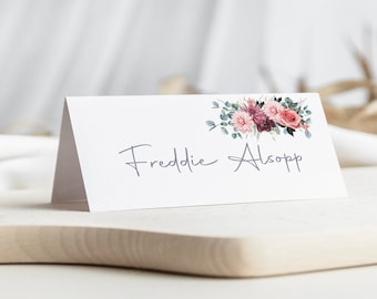 Place Card With Flower | Burgundy Red Pink Place Card | Personalised Wedding Place Name Cards | Floral Place Cards Wedding | Place Settings