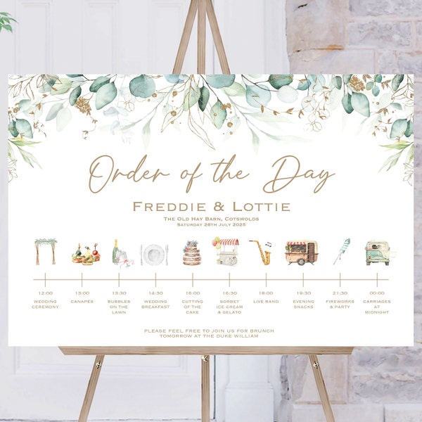 Wedding Order Of The Day | Green & Gold Leaf Wedding Sign | Reception Sign | Wedding Timeline Sign | Wedding Signs | Wedding Welcome Sign