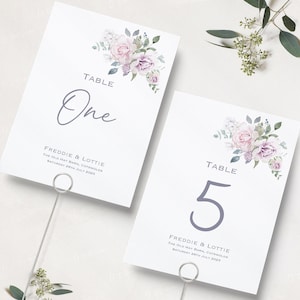 Números de mesa de boda / Números de mesa de recepción de boda lila rosa / Nombres de mesa de boda / Tarjetas de nombre de mesa / A5 y A6 / Impreso