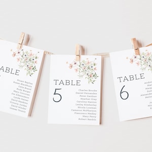 Pink Wildflower Wedding Table Plan Cards | Wild Flower Seating Plan Cards | Table Number's | Botanical | Wedding Table Plan |PRINTED