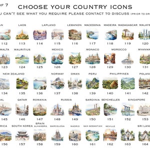 May include: A page from a guide book with watercolor illustrations of country icons. The page shows icons numbered 111 to 165, representing countries such as Maldives, Malta, Mauritius, Mexico, Monaco, Morocco, Myanmar, Nepal, New Zealand, Norway, Oman, Peru, Philippines, Poland, Portugal, Qatar, Romania, Russia, Sardinia, Seychelles, Singapore, Slovenia, South Africa, South Korea, Spain, Sri Lanka. The page title is "Choose Your Country Icons".