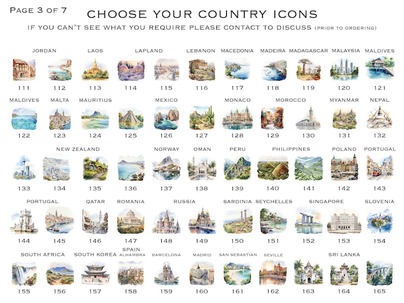 May include: A page from a guide book with watercolor illustrations of country icons. The page shows icons numbered 111 to 165, representing countries such as Maldives, Malta, Mauritius, Mexico, Monaco, Morocco, Myanmar, Nepal, New Zealand, Norway, Oman, Peru, Philippines, Poland, Portugal, Qatar, Romania, Russia, Sardinia, Seychelles, Singapore, Slovenia, South Africa, South Korea, Spain, Sri Lanka. The page title is "Choose Your Country Icons".
