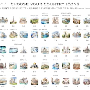 May include: A watercolor illustration chart of country icons. The chart features 110 different watercolor illustrations of famous landmarks and places from around the world. The illustrations are arranged in rows and columns, with each illustration numbered. The chart is titled "Choose Your Country Icons".