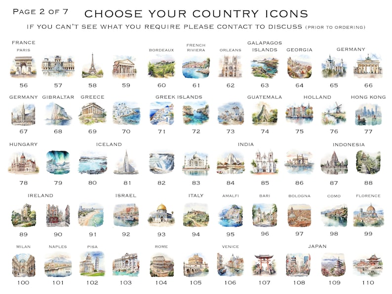 May include: A watercolor illustration chart of country icons. The chart features 110 different watercolor illustrations of famous landmarks and places from around the world. The illustrations are arranged in rows and columns, with each illustration numbered. The chart is titled "Choose Your Country Icons".