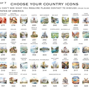 May include: A collection of 33 watercolor illustrations of iconic landmarks and locations from across the United States. Each illustration is numbered and includes the name of the location. The illustrations are arranged in a grid pattern.