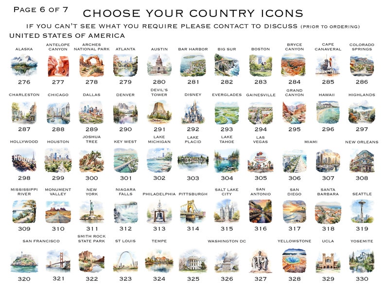 May include: A collection of 33 watercolor illustrations of iconic landmarks and locations from across the United States. Each illustration is numbered and includes the name of the location. The illustrations are arranged in a grid pattern.