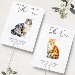 Numéros de table de mariage de chat | Noms de table pour animaux de compagnie pour mariage | Numéros de table de mariage d'animaux | Cartes de visite | Numéros de table de réception IMPRIMÉS