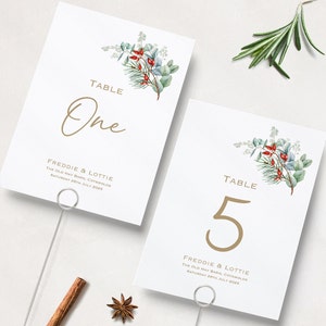 Números de mesa de bayas rojas de invierno / Nombres de mesa de boda / Nombres de mesa de boda impresos / Números de mesa de recepción / Tarjetas de nombre de mesa / A5 y A6