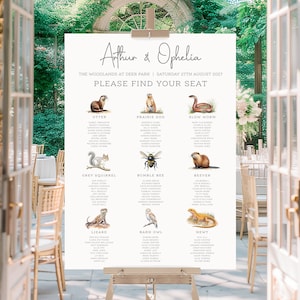 May include: A wedding seating chart with a woodland theme. The chart features illustrations of animals like an otter, prairie dog, slow worm, grey squirrel, bumble bee, beaver, lizard, barn owl, and newt. Each animal has a list of names underneath it.