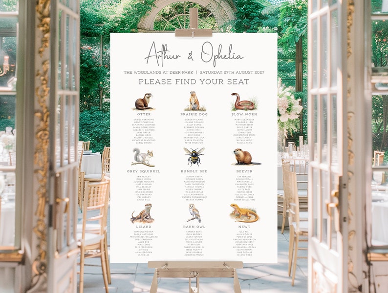 May include: A wedding seating chart with a woodland theme. The chart features illustrations of animals like an otter, prairie dog, slow worm, grey squirrel, bumble bee, beaver, lizard, barn owl, and newt. Each animal has a list of names underneath it.
