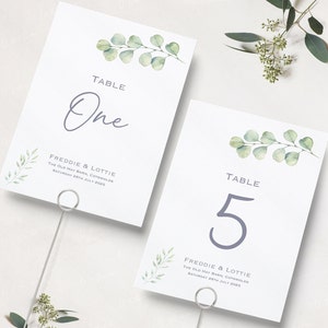 Números de mesa de casamento em folha de eucalipto | Recepção de casamento floral verde | Nomes de tabelas | Números da mesa de recepção | Cartões de nome de mesa | A5 e A6