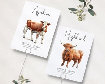 Cow Table Numbers | Cow Breed Wedding Table Names | Cattle Table Name Cards | Farm Animal Table Names | Wedding Table Numbers | PRINTED