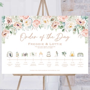 Wedding Order Of The Day Peach Pink Flower | Reception Sign | Wedding Timeline Sign | Wedding Signs | Wedding Welcome Sign | Printed