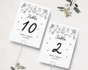 Números de mesa impresos dibujados a mano, letreros para mesas de boda, estilo de garabatos caprichosos, diseño de garabatos,
