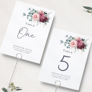 Numeri di tavolo di nozze bordeaux e rosa / Numeri di tavolo di ricevimento di nozze / Nomi di tavoli di matrimonio / Carte da nome da tavolo / A5 e A6 / Stampati