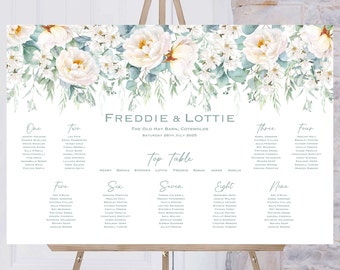 White Rose Wedding Table Plan: Floral Reception Seating Chart