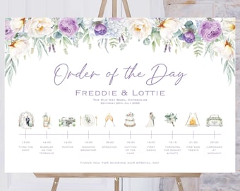 Wedding Order Of The Day Purple Flower | Reception Sign | Wedding Timeline Sign | Wedding Signs | Wedding Welcome Sign | Printed