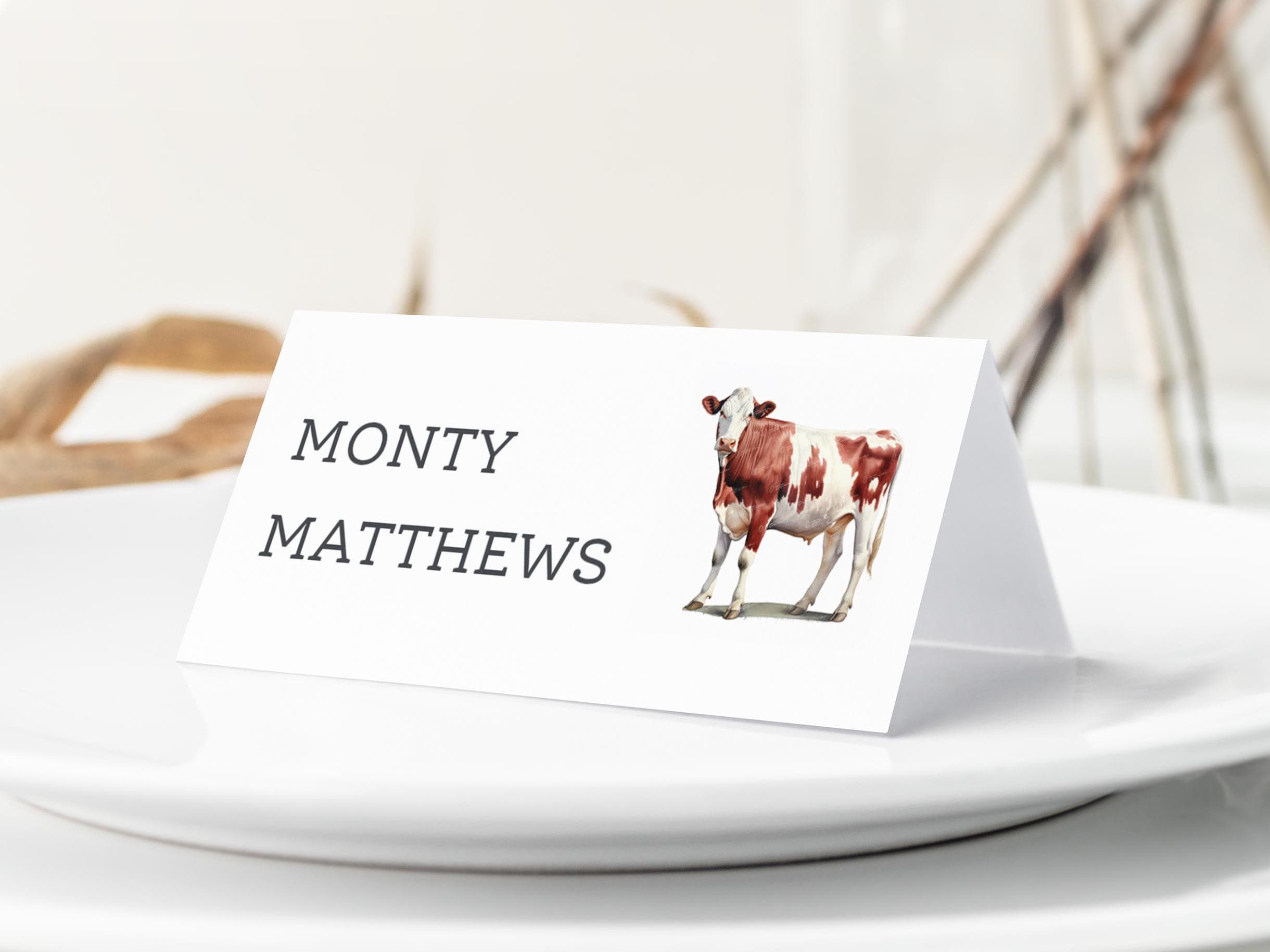 Cow Wedding Place Cards, Cow Tabel Name Cards, Cow Breed Wedding, Farm Wedding Cards, Cow Themed Wedding, Guest Name Cards