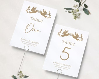 Gold Wedding Table Numbers | Wedding Doves | Wedding Reception | Table Names | Reception Table Numbers | Table Name Cards | A5 & A6 |PRINTED