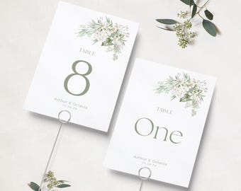 Tarjetas para números de mesa de boda, tarjetas verdes para mesa, números de mesa con flores, tarjetas para nombres de mesa, boda verde botánica, Susurros de blanco