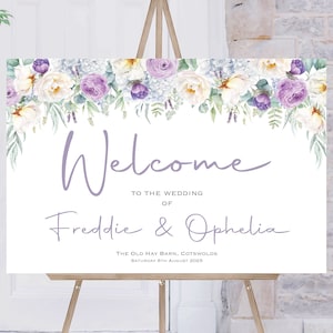 Hochzeit Willkommensschild, Hochzeit Willkommensschild Hochzeit personalisiert, Willkommensschild Order of the Day, Lila Lila Blumen Willkommensschild, Gedruckt