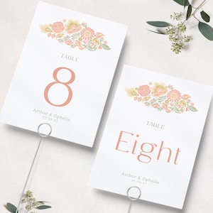 Numéros de table de mariage vert et pêche | Noms de table de mariage à motifs colorés | de table à motif floral | Numéros de table floraux