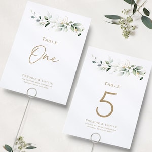 Groene en bladgoud bruiloft tafelnummers | Bloemen huwelijksreceptie | Tabelnamen | Receptietabelnummers | Tabelnaamkaartjes | A5 & A6