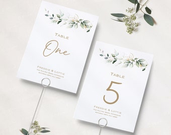 Green and Gold Leaf Wedding Table Numbers | Floral Wedding Reception | Table Names | Reception Table Numbers | Table Name Cards | A5 & A6