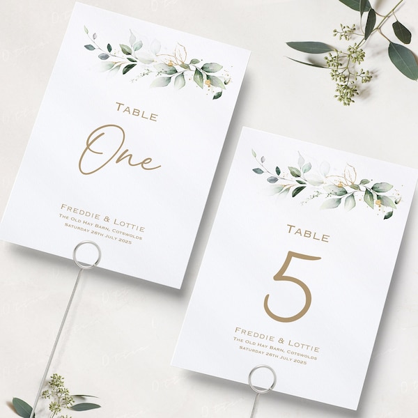 Green and Gold Leaf Wedding Table Numbers | Floral Wedding Reception | Table Names | Reception Table Numbers | Table Name Cards | A5 & A6