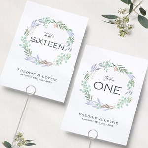 Numéros de table de mariage de couronne florale | Cartes de table de réception de mariage | Noms des tables | Numéros de table de réception | Cartes de nom de table | A5 et A6