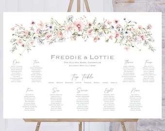 Pink Wild Flower Wedding Table Plan | Pink And White Wildflower | Wedding Seating Plan | Reception Sign | Seating Chart | Wedding Signs