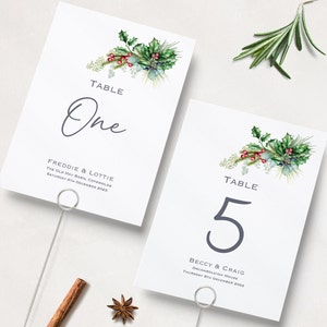 Numéros de table de Noël | Noms de table de mariage de Noël | Noms de table de mariage imprimés | Numéros de table de réception | Cartes de visite | A5 et A6