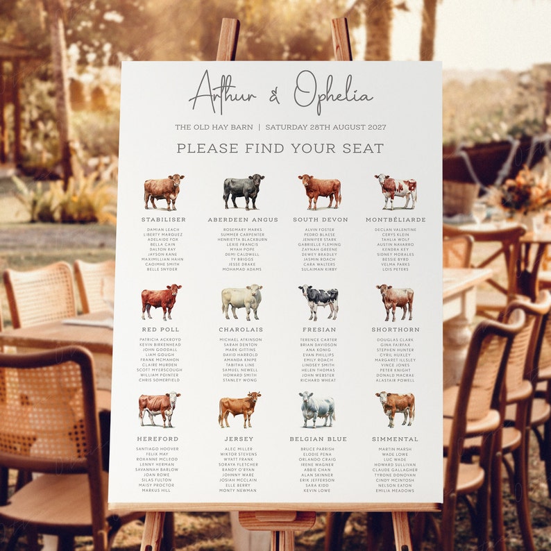 May include: A wedding seating chart with a rustic theme. The chart features illustrations of different breeds of cattle, each with a list of names underneath. The title of the chart reads "Arthur & Ophelia" and "The Old Hay Barn | Saturday 28th August 2027".