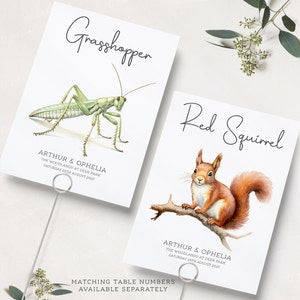 May include: Two table number cards with watercolor illustrations of a grasshopper and a red squirrel. The cards are white with black text that reads "Grasshopper" and "Red Squirrel". The text also includes the names "Arthur & Ophelia" and the date "Saturday 29th August 2027".