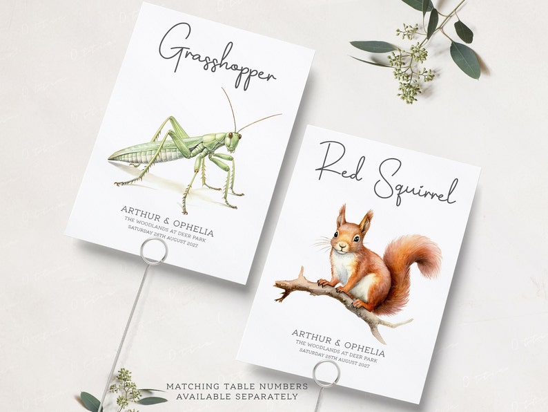 May include: Two table number cards with watercolor illustrations of a grasshopper and a red squirrel. The cards are white with black text that reads "Grasshopper" and "Red Squirrel". The text also includes the names "Arthur & Ophelia" and the date "Saturday 29th August 2027".
