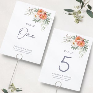Numéros de table de mariage floral pivoines | Numéros de table de réception de mariage | Noms de table de mariage | Cartes de visite | A5 et A6 | Royaume-Uni | Imprimé