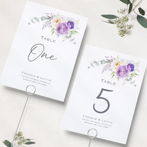 Números de mesa de boda blanco lila púrpura / Nombres de mesa púrpura / Números de mesa de recepción púrpura / Tarjetas de nombre de mesa lila / A5 y A6 / Impreso