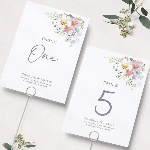 Wedding Table Numbers | Floral Pink Lilies Wedding Reception Table Numbers | Wedding Table Names | Table Name Cards | A5 & A6 | Printed